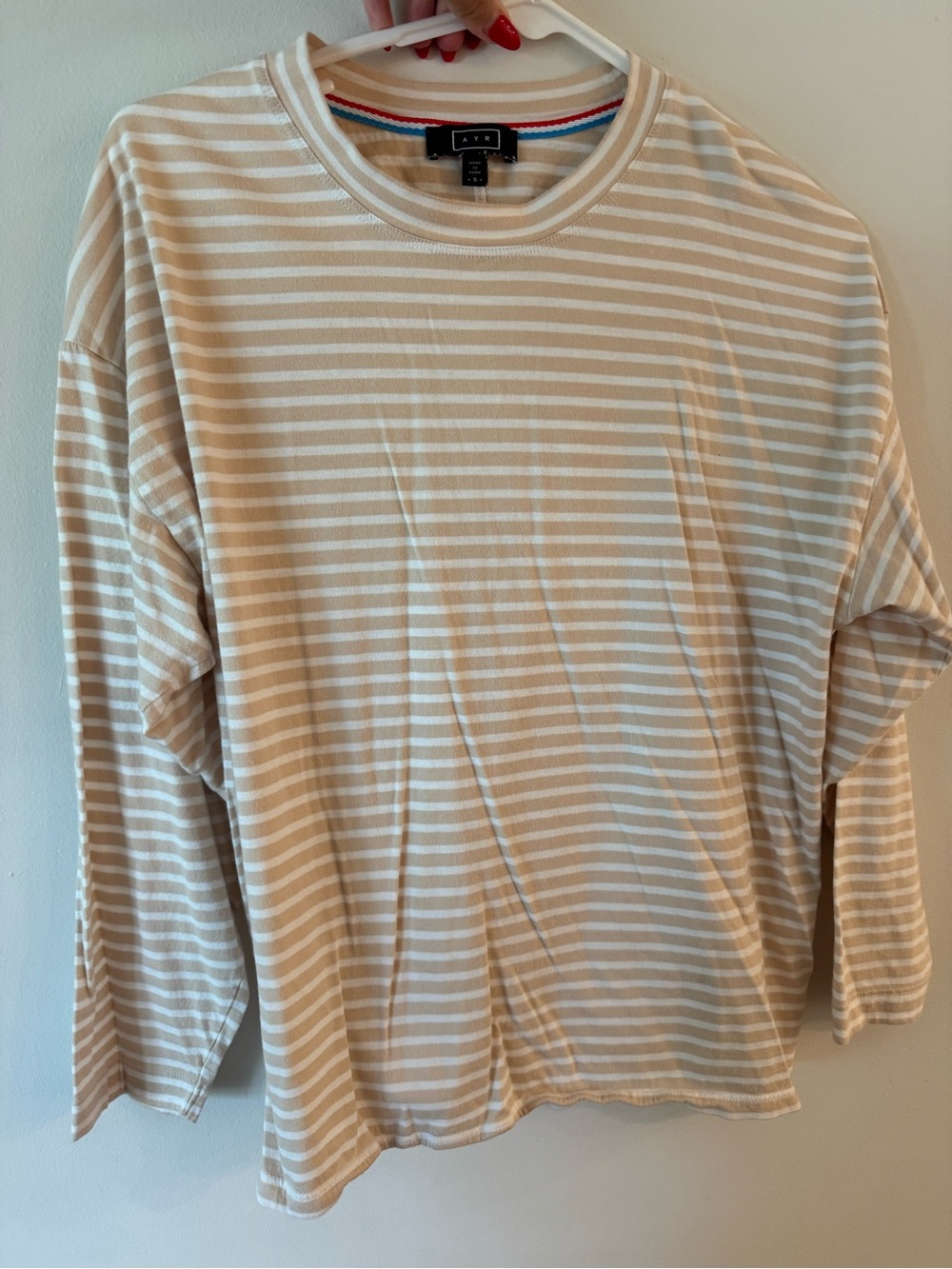 AYR Beige and White Striped Long-Sleeve Crewneck